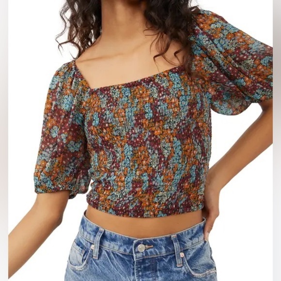 Free People Tops - Free People FLAW Back On Top Crop Blouse Shirt Dark Combo